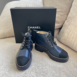 CHANEL Navy and Black Lace-Up Ankle Boots
